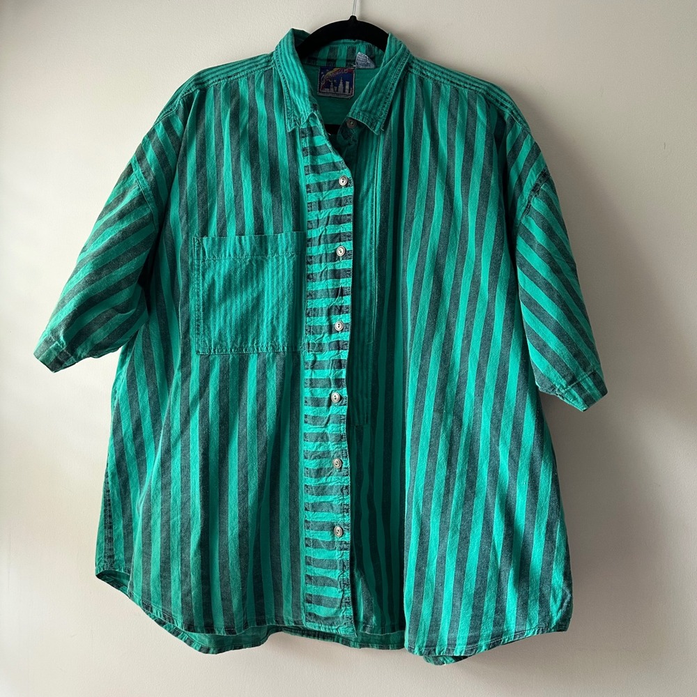 Vintage Men's Green Black Striped Short Sleeve Button Up Shirt Size 22/42‎